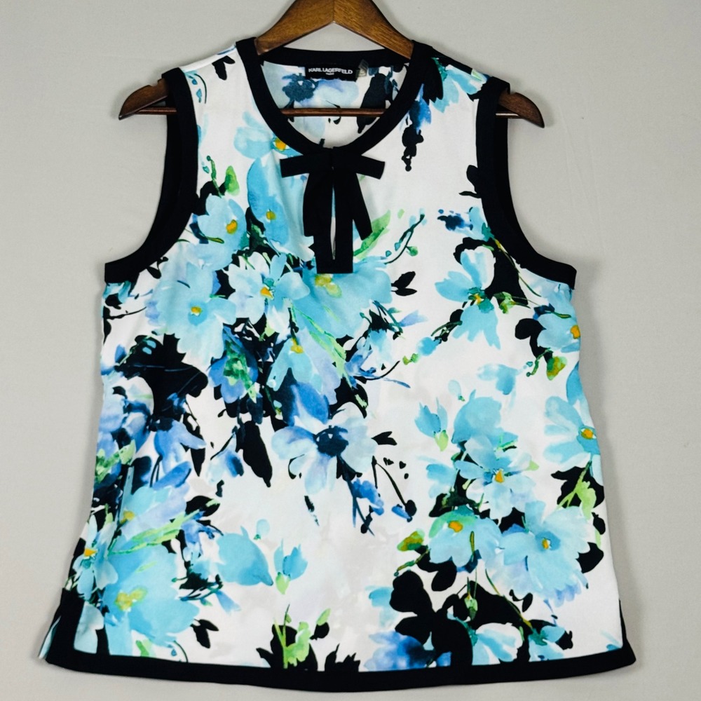 Karl Lagerfeld Paris Blouse Women Small Blue Floral NWOT Bow Keyhole Sleeveless